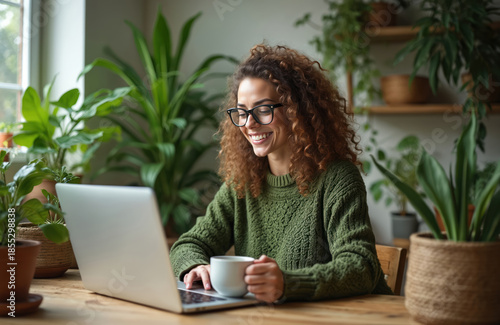 Woman works on laptop at home among green houseplants. She smiles, holding mug of tea or coffee. She surfs web, studies or relaxes in cozy indoor atmosphere. Natural light fills room.