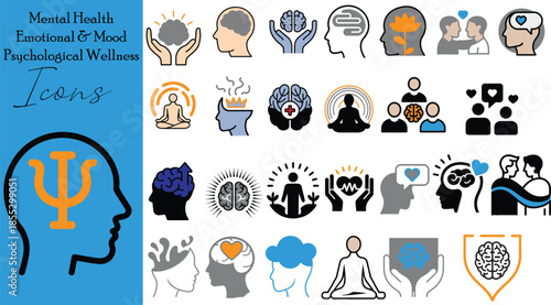 Mental Health and Psychology Vector Icons Set with Brain, Emotions, Mindfulness and Human Head Symbols