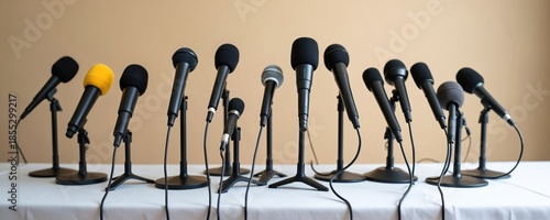 Multiple microphones arranged on table ready for press conference media event. Audio capture devices await speakers for announcements, interviews, public discussions. Setup includes black, one yellow