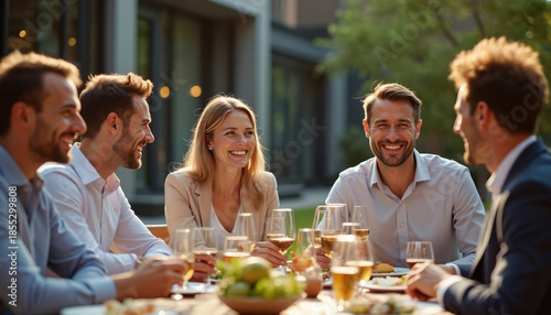 Friends dine outdoors at table with drinks. Diverse group enjoys meal and conversation at sunny garden party. Business colleagues celebrate success together over food and wine.