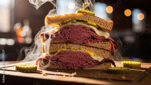 Steaming hot pastrami sandwich on wooden board with pickles for National Hot Pastrami Sandwich Day