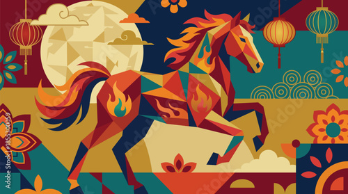 Dynamic geometric illustration of a vibrant fiery horse amidst festive Asian lanterns and celestial elements, embodying prosperity and strength for celebrations
