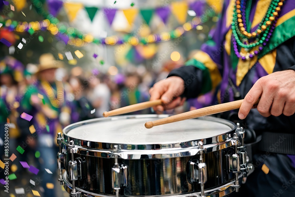 Fototapeta premium Close-up of drummer playing snare drum at mardi gras celebration with colorful confetti and festive beads. concept of musical performance, festive spirit, cultural tradition