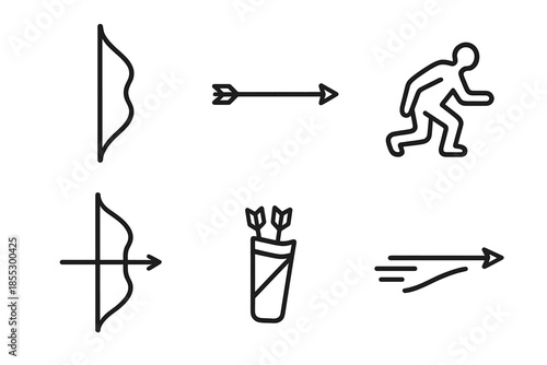 Archery Icon Set. Line style icons of Arrowline Pursuit: bow profile, straight arrow, stalking outline, quiver edge, taut string,
