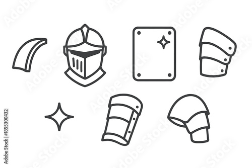 Knightsteel Armor Icons. Line style icons of Knightsteel Guard: metal armor arc, knight helm, steel panel, forearm guard, shoulder