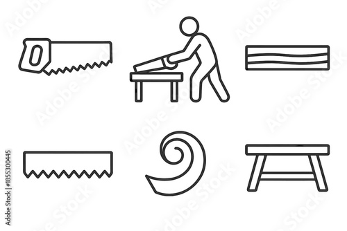 Timber Saw Icons. Line style icons of Timber Saw Craft: tool profile, craftsman pose, wood strip, toothed edge, shaving arc, flat