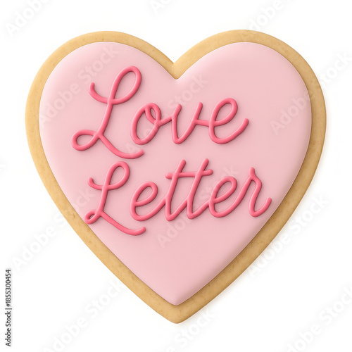 Heart shaped cookie with 'love letter' written in pink icing isolated on transparent background