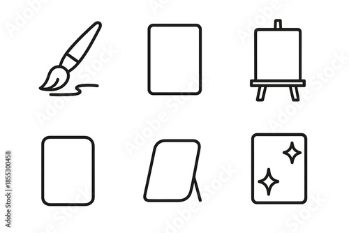 Line Style Art Icons. Line style icons of Masterline Canvas Art: brush trace, upright canvas, smooth stroke, easel frame, tint