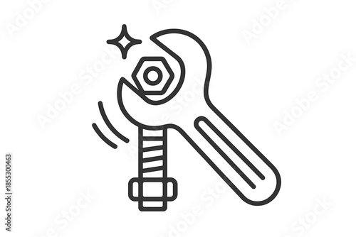 Repair Bolt Icon. Line style icons of Repair Bolt Grip: wrench shape, bolt shaft, grip line, nut mark, motion curve, faint shimmer