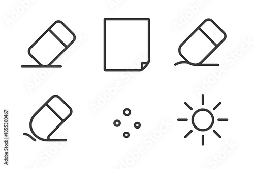Blankwipe Eraser Icons. Line style icons of Blankwipe Eraser: eraser outline, erased line, clean sheet, rub curve, debris dot,