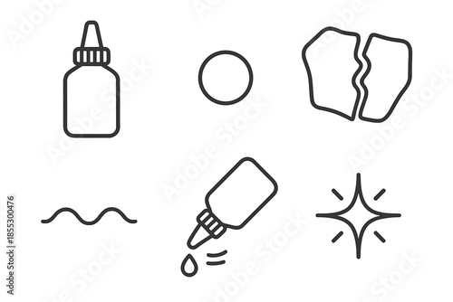 Repair Adhesive Icons. Line style icons of Repairseal Adhesive: bottle shape, adhesive dot, restored piece, seal line, tip motion,