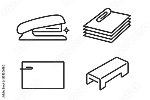 Office Supplies Line Art. Line style icons of Paperclip Stapler Scene: stapler profile, neat stack, fastening line, staple ridge,