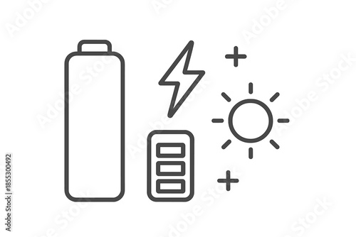 Energized Battery Icons. Line style icons of Energize Cell Scene: slim battery, spark symbol, power bars, cap ridge, light ring,