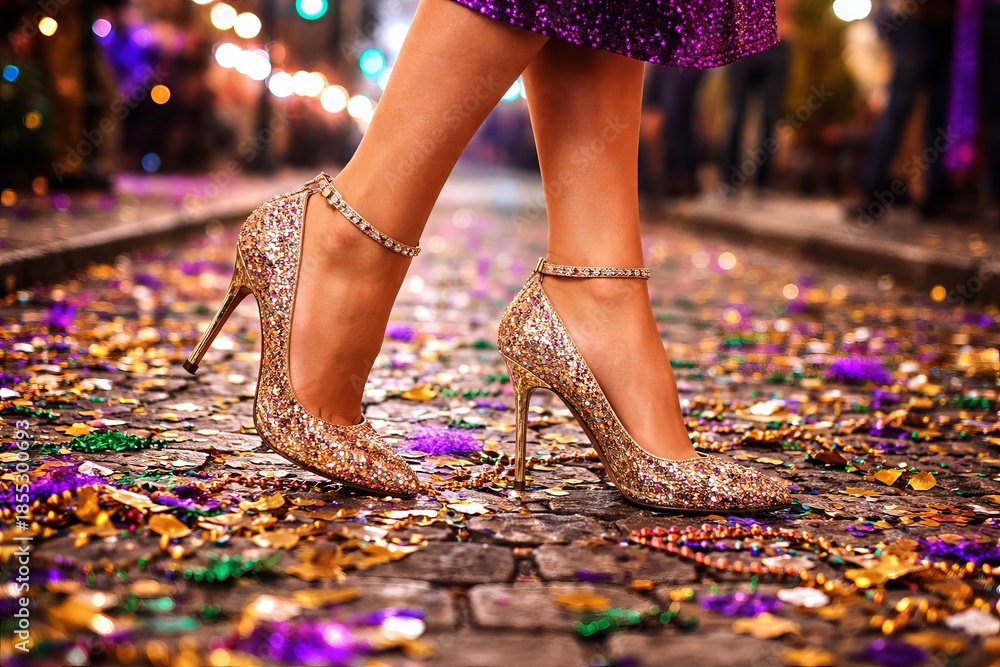 Obraz premium Sparkling high heels on cobblestone street amidst colorful mardi gras confetti and decor in nighttime celebration. concept of festive fashion, vibrant parade, holiday festivity