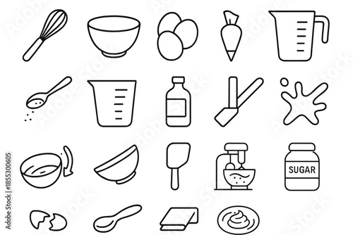 Baking Tools Icons. Line style icons of Baking Preparation Tools: whisk, mixing bowl, eggs, cream, sugar spoon, measuring cup,