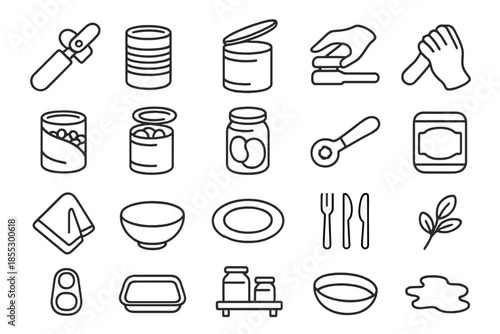 Kitchen Canning Icons. Line style icons of Kitchen Canning Tools: can opener, tin can, lid removal, hand grip, canned corn, canned