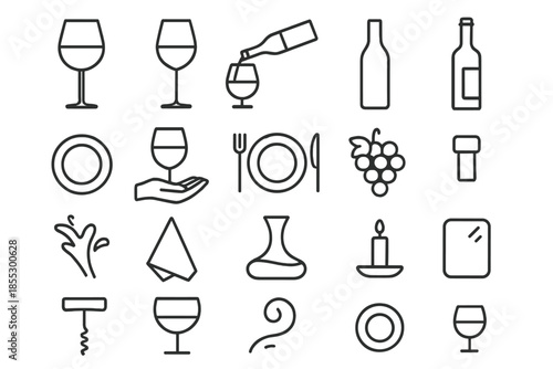 Red Wine Icon Set. Line style icons of Red Wine Bar Set: red wine glass, stemware, wine pour, wine bottle, coaster, hand hold,