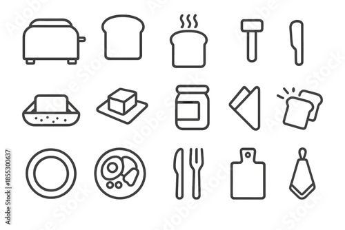 Crunchy Breakfast Icons. Line style icons of Crunchy Breakfast Set: toaster, bread slice, toasted bread, lever handle, crumb tray,