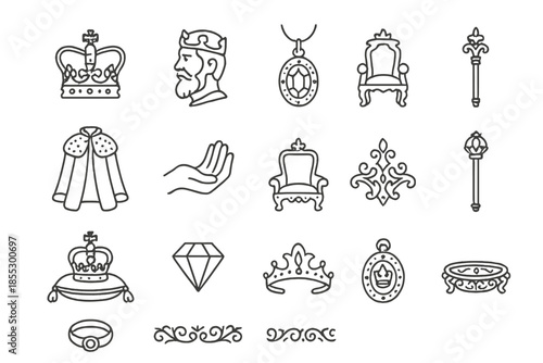 Royal Regalia Icons. Line style icons of Royal Regalia Set: crown, king’s head, golden jewels, scepter, royal robe, hand hold,