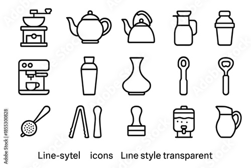 Beverage Tools Icons. Line style icons of beverage tools: Coffee Grinder, Teapot, Kettle, French Press, Espresso Machine, Cocktail