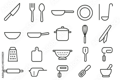 Kitchen Tool Icons. Line style icons of kitchen tools: Knife, Fork, Spoon, Plate, Bowl, Pan, Pot, Ladle, Grater, Peeler, Whisk,