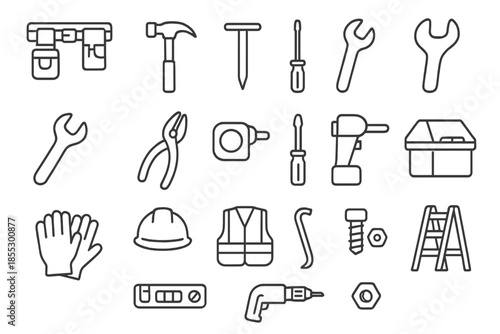 Construction Tools Icons. Line style icons of construction site tools: Toolbelt, Hammer, Nail, Screwdriver, Wrench, Pliers, Tape