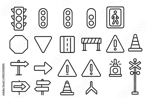 Traffic Signal Icons. Line style icons of signal and signage: Traffic Light, Red Light, Yellow Light, Green Light, Pedestrian