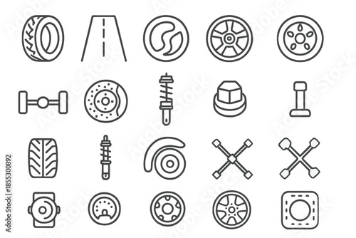 Driving Components Icons. Line style icons of driving components: Tire, Road, Track, Rim, Hubcap, Axle, Brake Disc, Suspension,