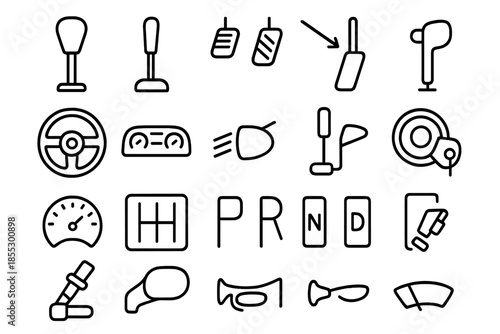 Vehicle Interior Icons. Line style icons of vehicle interior controls: Gearshift, Gear Lever, Clutch Pedal, Brake Pedal,