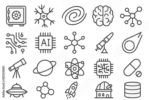 Sci-Fi Line Icons. Line style icons of sci-fi science: Vault, Neuron, Galaxy, Brain, Circuit, AI, Network, Satellite, Telescope,
