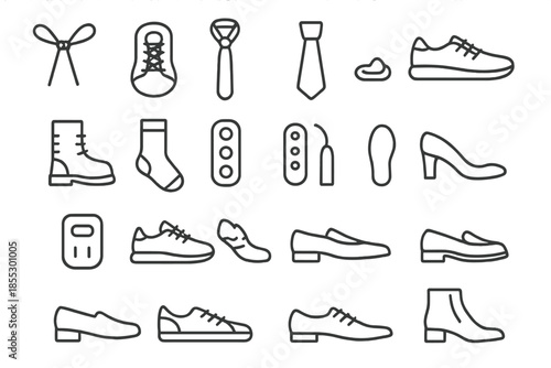 Shoelacing Icon Set. Line style icons of shoelacing items: Lace, Shoe, Tie, Sneaker, Boot, Sock, Eyelet, Aglet, Tongue, Heel, Sole