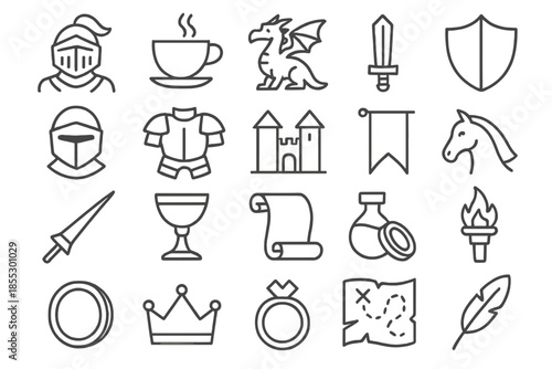 Fantasy Quest Icons. Line style icons of fantasy quest: Knight, Teacup, Dragon, Sword, Shield, Helmet, Armor, Castle, Banner,