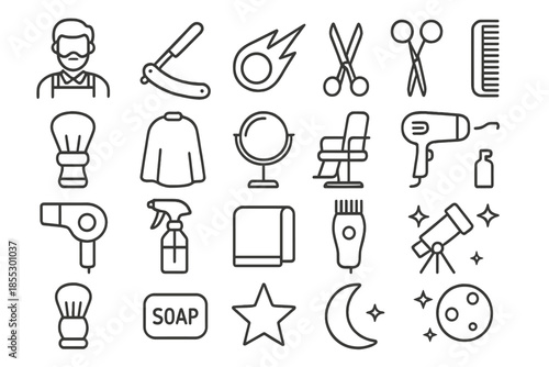 Grooming Tools Icons. Line style icons of shaving and grooming: Barber, Razor, Comet, Scissors, Comb, Brush, Cape, Mirror, Chair,