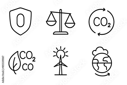 Carbon Neutral Icons. Line vector icons of carbon-neutral status representation: zero-carbon badge, balanced CO₂ scale, neutral