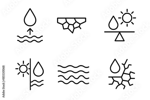 Flood-Drought Duality Icons. Line vector icons of flood–drought contrast: drop rising, cracked soil base, water balance mark,