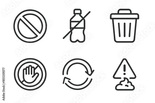 Anti-Waste Line Icons. Line vector icons of anti-waste concept: prohibition circle, crossed plastic bottle, discard bin, stop