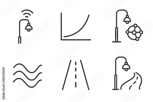 Adaptive Street Lighting. Line vector icons of adaptive street illumination: street lamp silhouette, ambient sensor arc,