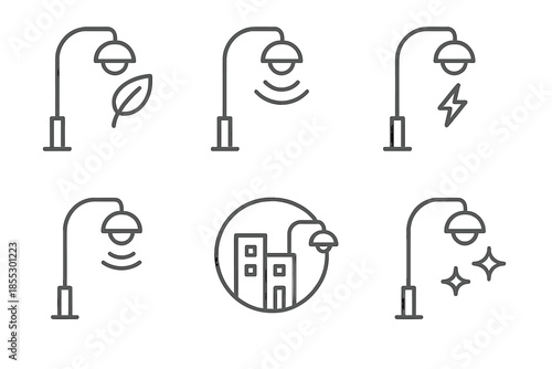 Energy-Efficient Street Icons. Line vector icons of energy-efficient street illumination: eco lamp outline, dimming band,