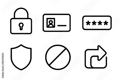 Credential Icon Set. Line vector icons of a credential organizer: lock frame, keycard shape, dotted password bar, protection ring,