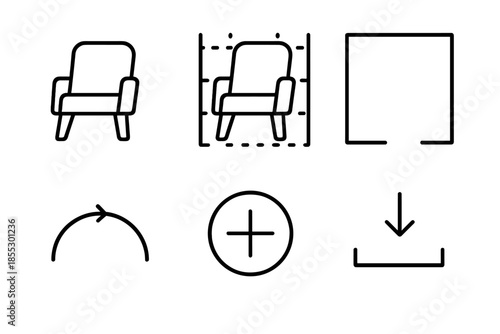 AR Interior Icons. Line vector icons of interior AR furnishing: chair silhouette, overlay grid, apartment frame, positioning arc,