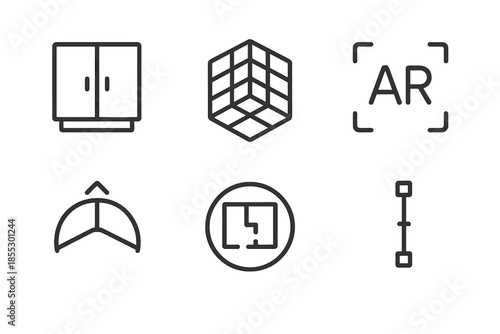 Virtual Apartment Icons. Line vector icons of virtual apartment layout: cabinet outline, spatial grid, AR mark, perspective arc,