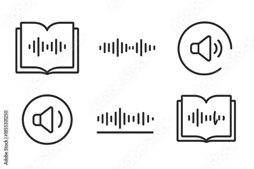 Audio Narrative Icons. Line vector icons of automated voice reading: book frame, waveform band, playback arc, narration ring,