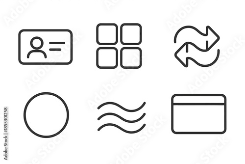 Cross-Service Access Icons. Line vector icons of cross-service access pass: card silhouette, multi-app grid, linking arc, unified