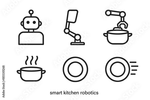 Smart Kitchen Robotics Icons. Line vector icons of smart kitchen robotics: robot silhouette, cooking utensil arm, pot arc, heat