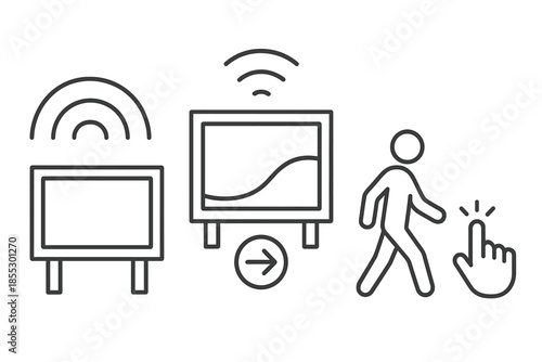 AR Street Advertising Icons. Line vector icons of digital AR street advertising: AR overlay arc, billboard frame, passerby symbol,