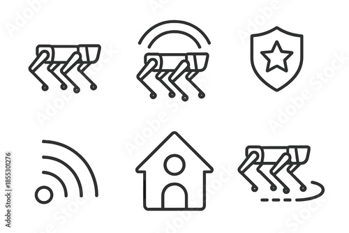 Home-Assist Robot Icons. Line vector icons of home-assist quadruped robot: four-leg frame, sensing arc, helper badge, task wave,