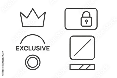 Premium Content Icons. Line vector icons of premium-only content: crown symbol, locked card outline, exclusive arc, content block,