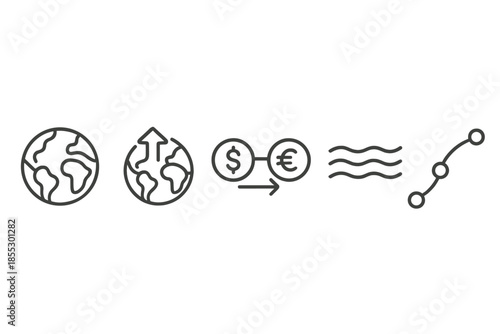 Global Transfer Icons. Line vector icons of real-time global transfer: planet silhouette, immediate-send arc, currency duo,