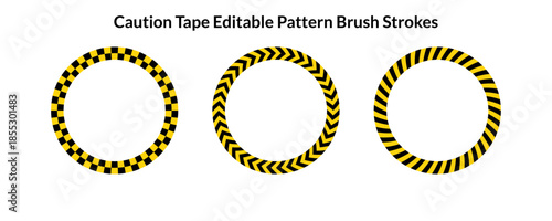 Yellow and Black Caution Tape Frame Set - Circular Industrial Danger Borders with Editable Pattern Brush Strokes