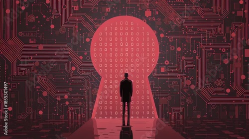Data Privacy Day Concept — Silhouette of Person Standing in Keyhole with Rising Digital Numbers, Symbolizing Surveillance, Data Flow and Cybersecurity Awareness